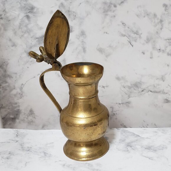 Vintage Brass Cream Pitcher Acorn Flip Lid Boho Home Decor Witchy Whimsigoth - Picture 7 of 12